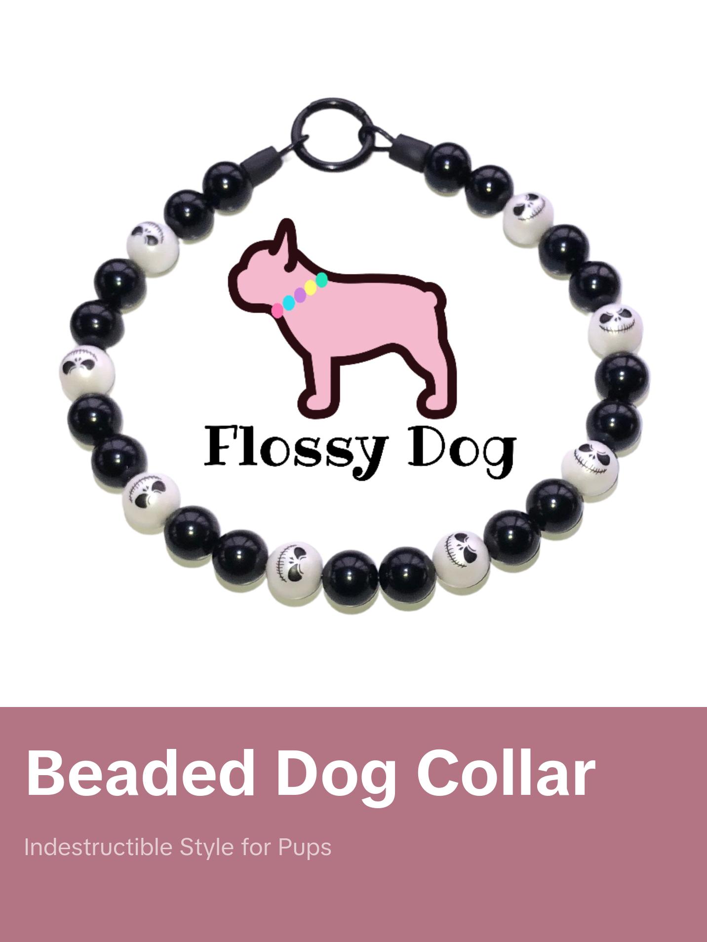 Skelly Beaded Dog Collar | Durable Dog Necklace | Halloween Jewelry for Dogs | Black Solids & Jack Matte Pearls