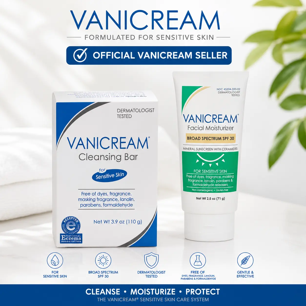 Vanicream Daily Gentle Sensitive Skin Essentials Set - Cleansing Bar + SPF 30 Moisturizing Facial Sunscreen