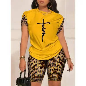 [Two-piece Geo Print Matching Set] Geo Print Matching Two-piece Set, Casual Short Sleeve T-shirt & Biker Shorts Outfits, Women's Clothing Crewneck Fabric Womenswear Knit Polyester Suits Fitted Shortsleeve