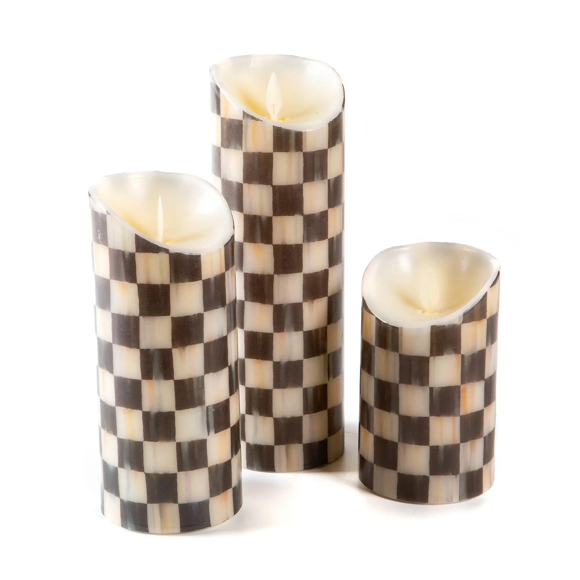 QVC MacKenzie-Childs 3-Piece Hand-Poured Wax Pillar Candles, Iconic Flickering Home Decor Accents