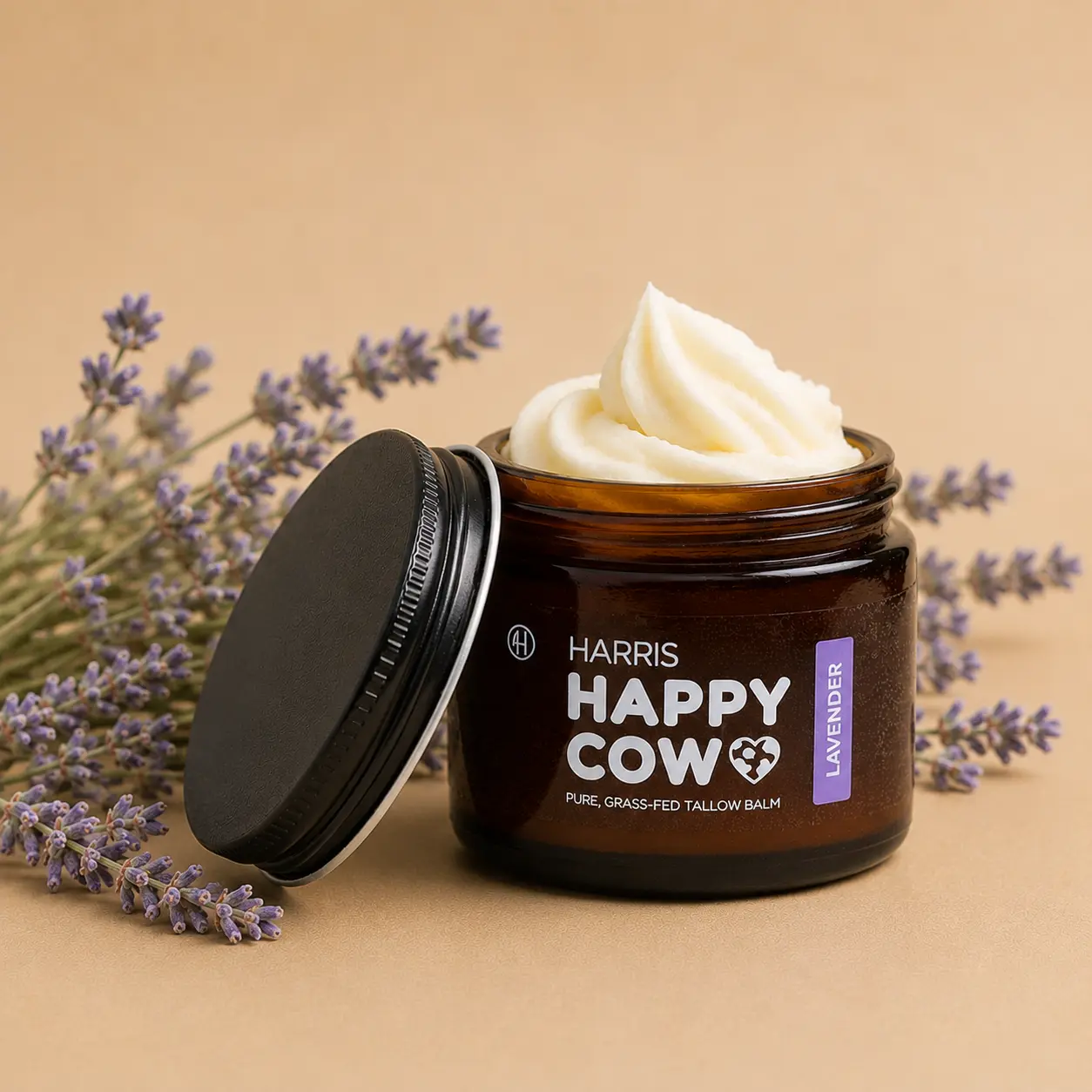 Harris Happy Cow Lavender Grass-Fed Beef Tallow Moisturizer | Calming Hydration for Dry & Sensitive Skin | Lavender Essential Oil | Handcrafted in Idaho | 2oz