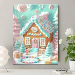 Whimsical Christmas Gingerbread House Canvas Art with Wooden Frame – Pastel-Colored Layered Wall Decor Featuring Candy Chimneys, Star Ornaments & Festive Winter Scene, Perfect for Living Room, Bedroom, or Home Office, Holiday Wall Decor	