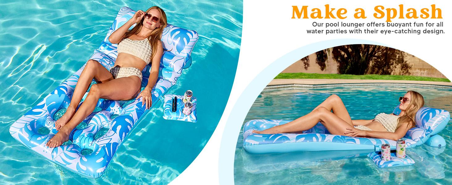 SLOOSH Adjustable Backrest Pool Floats - Tropical Leaves Pool Lounger Floaties Adults with Cup Holders, Inflatable Tanning Float Rafts Chair Beach Lake Lounge Floating Above Water Keep Cool Father's Day Gifts / Electric Air Pump TikTokShopSummerTurnup
