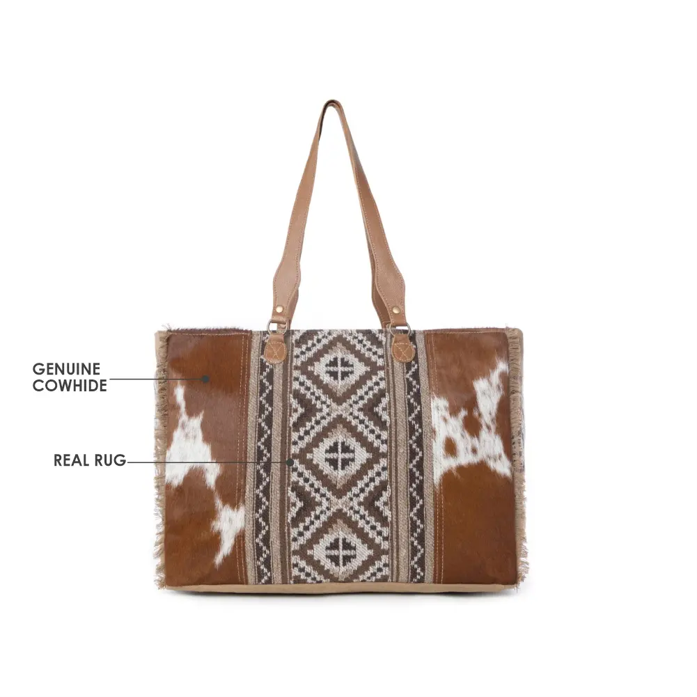 Myra Elisa Leather Weekender Bag - Spacious Cowhide Travel Tote with Tribal Woven Panel and Dual Shoulder Straps, Luggage Bags For Travel, Traveling Bags