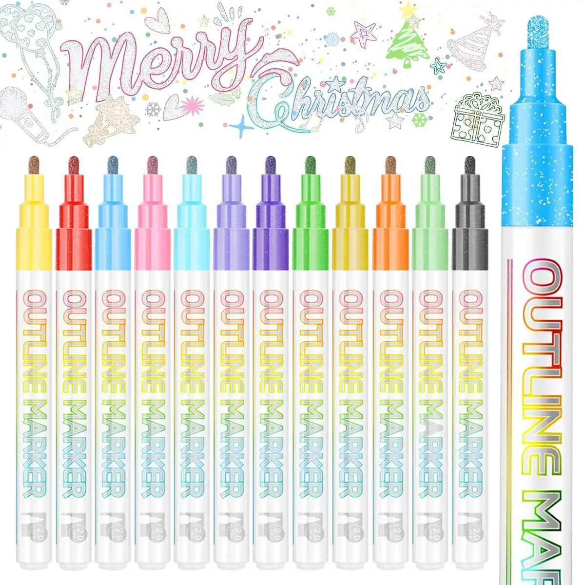 Double Line Outline Metallic Marker Set - Colorful Glitter Pens with Permanent Shimmer Glow Ink for Artist Drawing, DIY Art Crafts, Colorful Marker Pen, Glitter Markers
