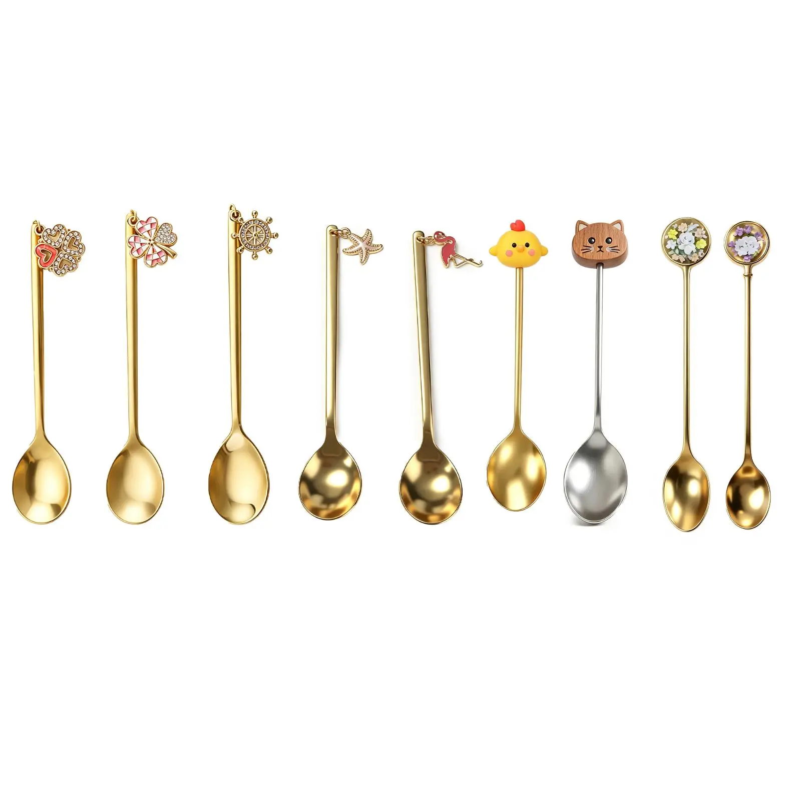 9Pcs Multi-style Coffee Spoon Stainless Steel Gold Plated Mini Dessert Spoons, Creative Charms & Animal Head Teaspoons for Coffee, Tea, Ice Cream, Home & Café Use