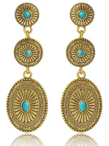 Women’s Retro Western Cowgirl Earrings, Handmade Boho Gold-Tone Concho Dangle Earrings with Gold Turquoise Long Oval Drop, Country Couture Festival Jewelry, Great for Country Concerts & Western Christmas Gifts Genuine Rustic