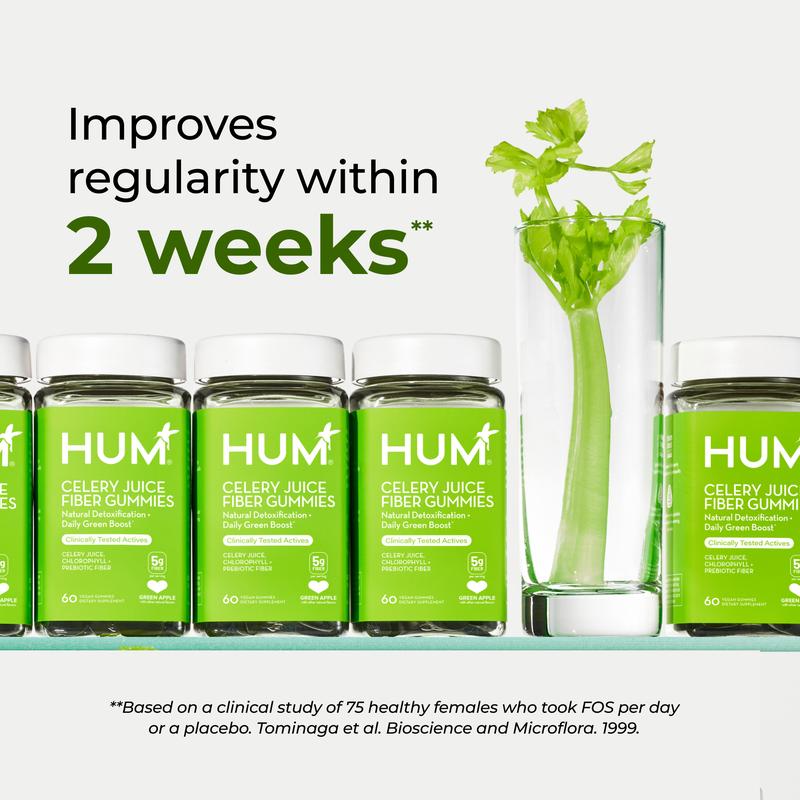 HUM Celery Juice Fiber Gummies for Detox & Gut Health - 60 Vegan Gummies with Chlorophyll & Prebiotic Fiber - Non-GMO, Soy-Free, Gluten-Free - Daily Green Boost