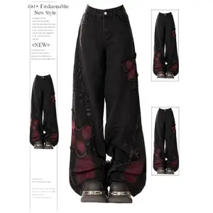 Women's Baggy Butterfly Jeans Vintage 90s Aesthetic Cowboy Pants Harajuku  Y2k 2000s Black Gothic Clothes