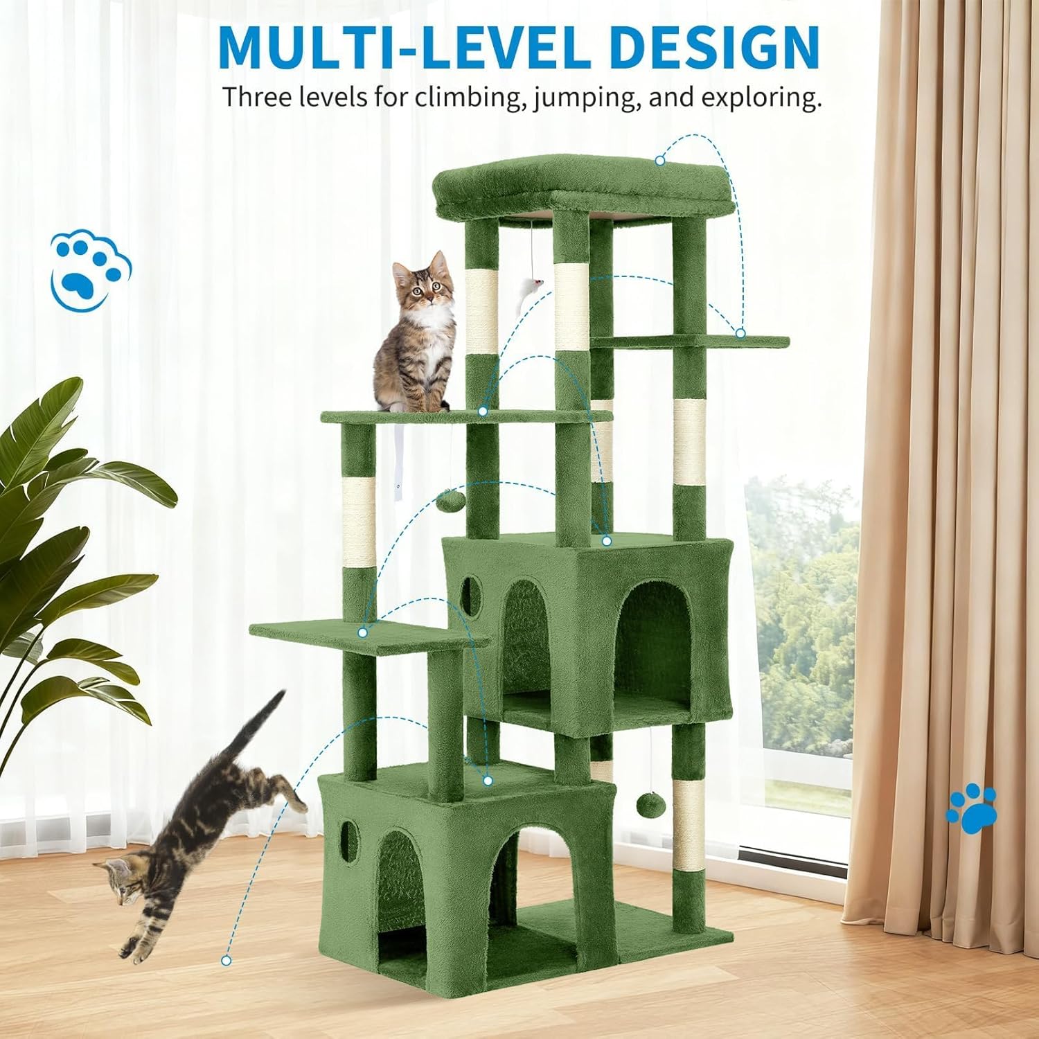 61" Large Cat Tree Tower for Indoor Cats, Heavy-Duty Multi-Level Cat Condo for Maine Coon & Big Cats with Extra-Large Perch, 2 Spacious Houses, Sisal Scratching Posts & Hanging Toys 61" Large Cat Tree Tower for Indoor Cats, Heavy-Duty Multi-Level Cat Condo for Maine Coon & Big Cats with Extra-Large Perch, 2 Spacious Houses, Sisal Scratching Posts & Hanging Toys