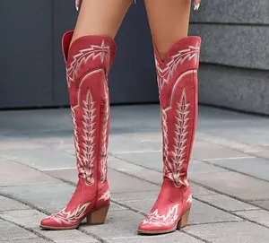 Women's Knee High Embroidered Western Style Block Heel Pointed Toe Pull On Boots