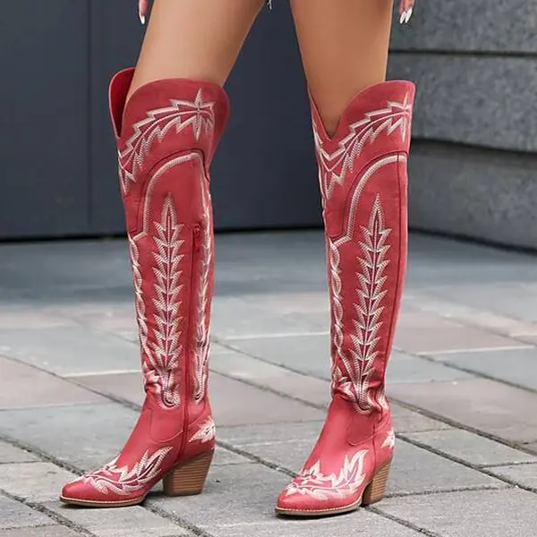 AMINUGAL Women's Stylish Classic Cowboy Boots - Knee-High, Embroidered Western Design, Block Heel, Pointed Toe, Zipless Pull-On Foot Wear for Easy Wear