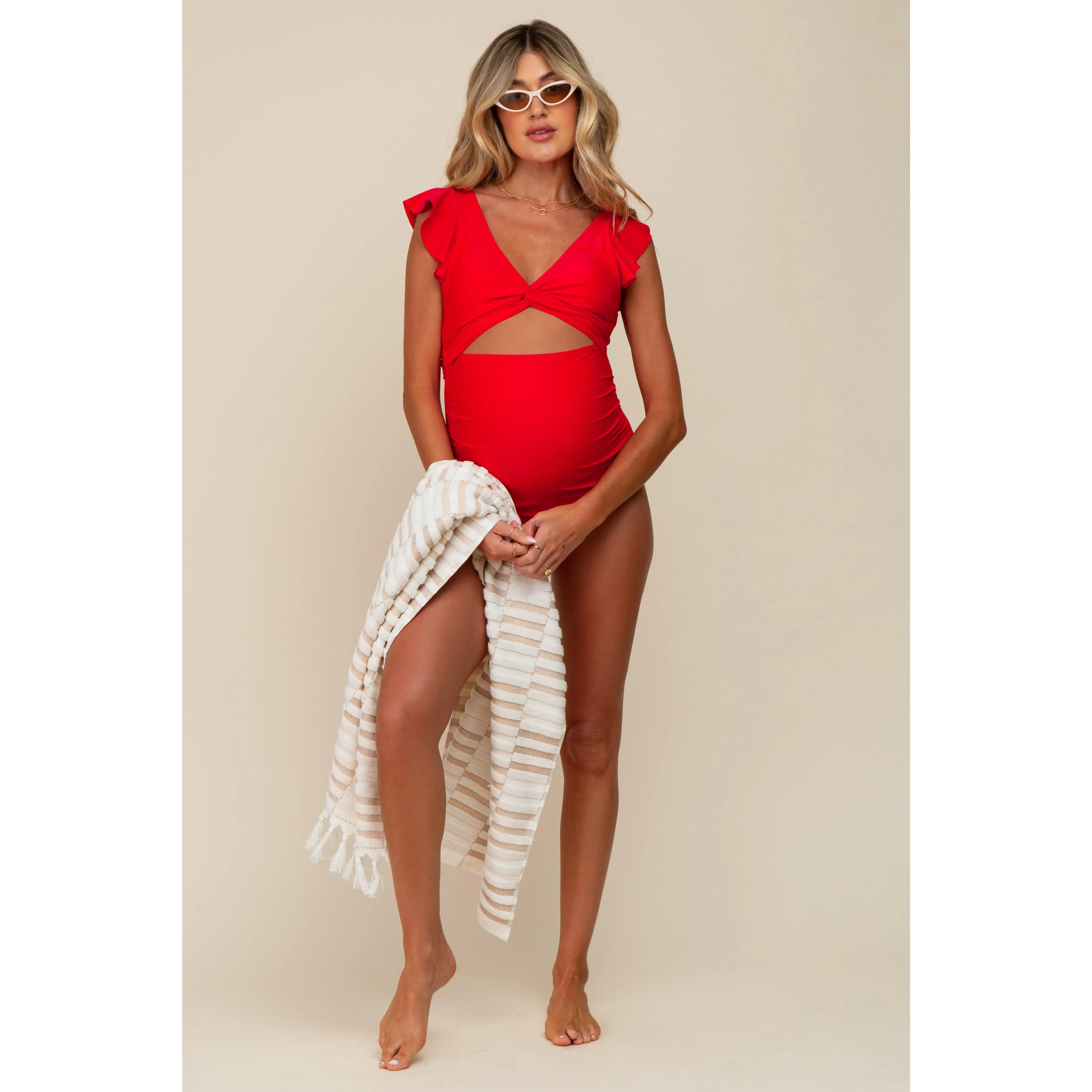 Red Cutout Flutter One Piece Maternity Swimsuit