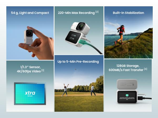 Xtra Atto Wearable 4K Action Camera, 54 g, Light and Compact, 1/1.3″ Sensor, 4K/60fps Video, 220‑Min Max Recording, 5-Min Pre-Recording, Built-in Stabilization, 128GB Storage, 600MB/s Fast Transfer