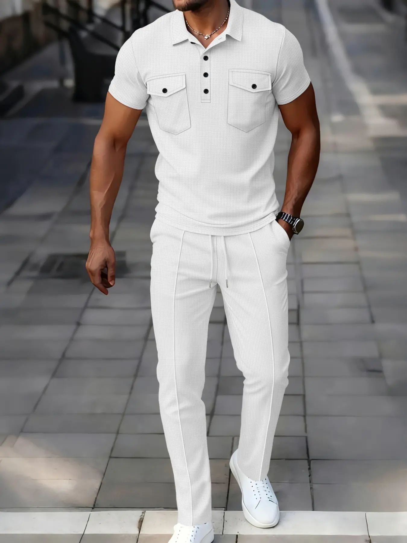 Men's Business Solid Color Long Pants & Short Sleeve Polo Shirt Set, Casual Classic Outfit, Slim-Fitting Summer Wear, Waffle Knit Sets