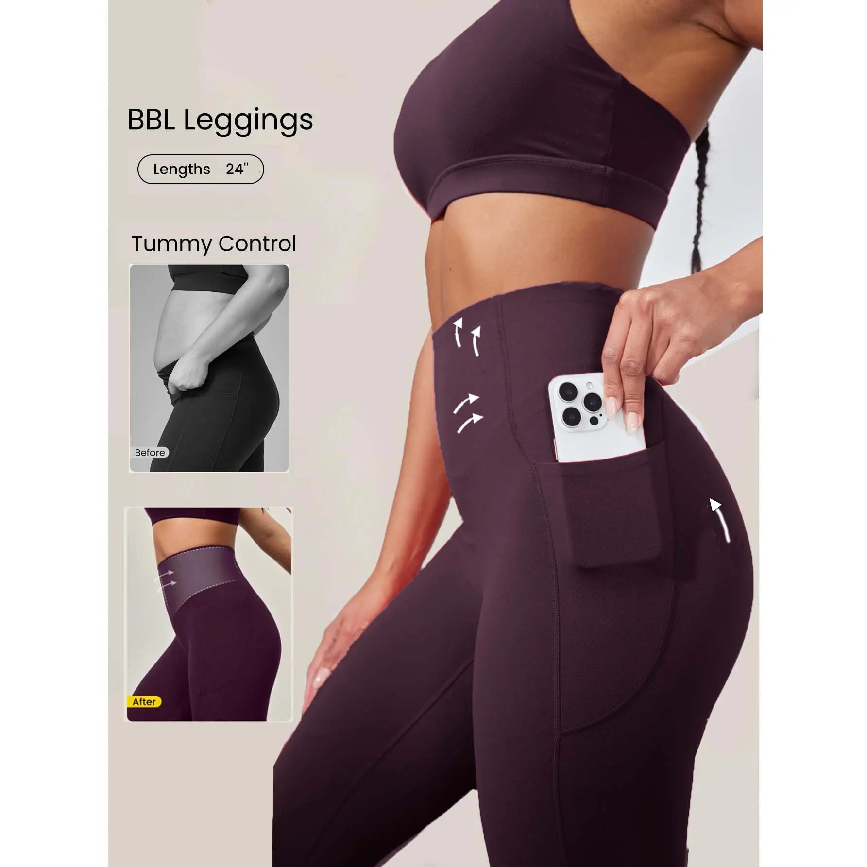 GLOWMODE 24'' BBL CoreHold Tummy Control FeatherFit-Sculpt Leggings