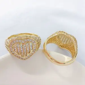 Luxury Women's 14K Gold Plated Heart Statement Ring with CZ BaguetteSparkling Diamond High Quality Joyera De Oro Laminado Brass Ring