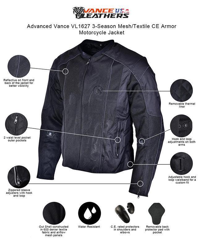Vance Men's 3-Season Mesh/Textile CE Armor Motorcycle Jacket