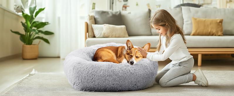 Calming Donut Cat & Dog Bed for Small Dogs, Faux Fur Plush Round Dog Bed, Anti-Anxiety Waterproof Anti-Slip