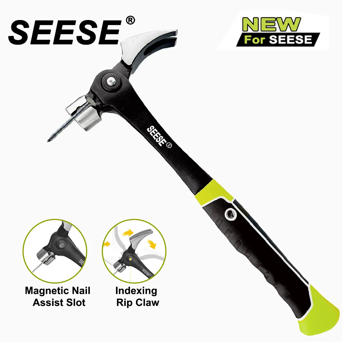 SEESE 16oz Adjustable Nail Puller Hammer, Magnetic Nail Starter, Anti-Slip Shock-Absorbing Handle, Claw Hammer for DIYers in Workshop, Construction & Remodeling