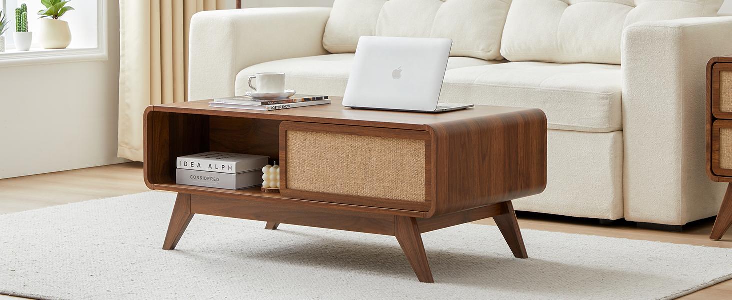 Giratree Mid Century Modern Coffee Table with Storage, Curved Edge Wood Coffee Table with Sliding Nature Linen Door, Farmhouse Center Table Rectangle Coffee Table for Living Room, Office