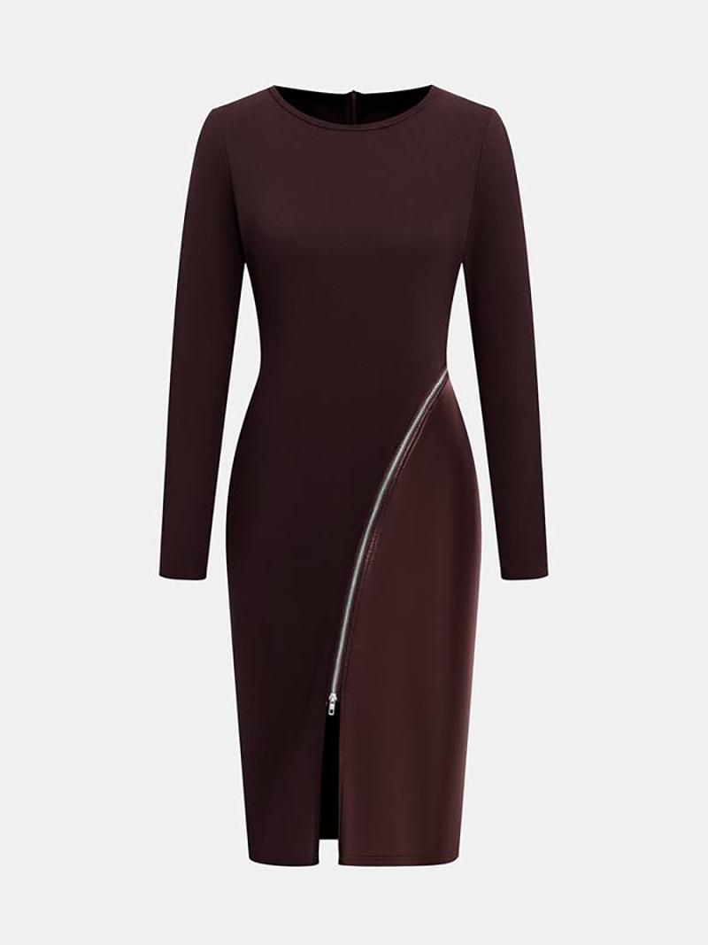 Women's Stylish Elegant Dress Slim-Fitting Figure-Flattering Long-Sleeved PU Leather Panel Zipper Closure All-Season Wear Formal Minimalist Party Workwear Womenswear