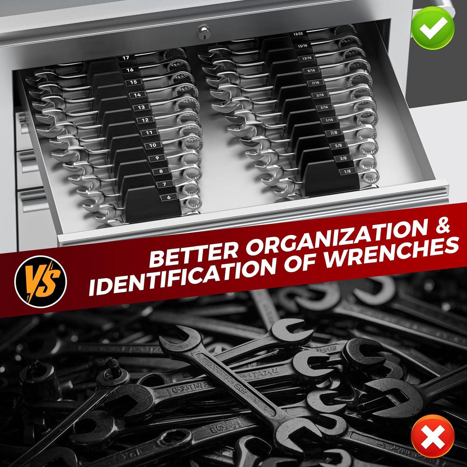 Modular Wrench Organizer with Strong Magnetic Base–20/40 PCS Wrench Rack for Tool Drawer Storage,Metric & SAE Labeled Holder,Heavy Duty Garage Tool Box Organizer for Mechanics