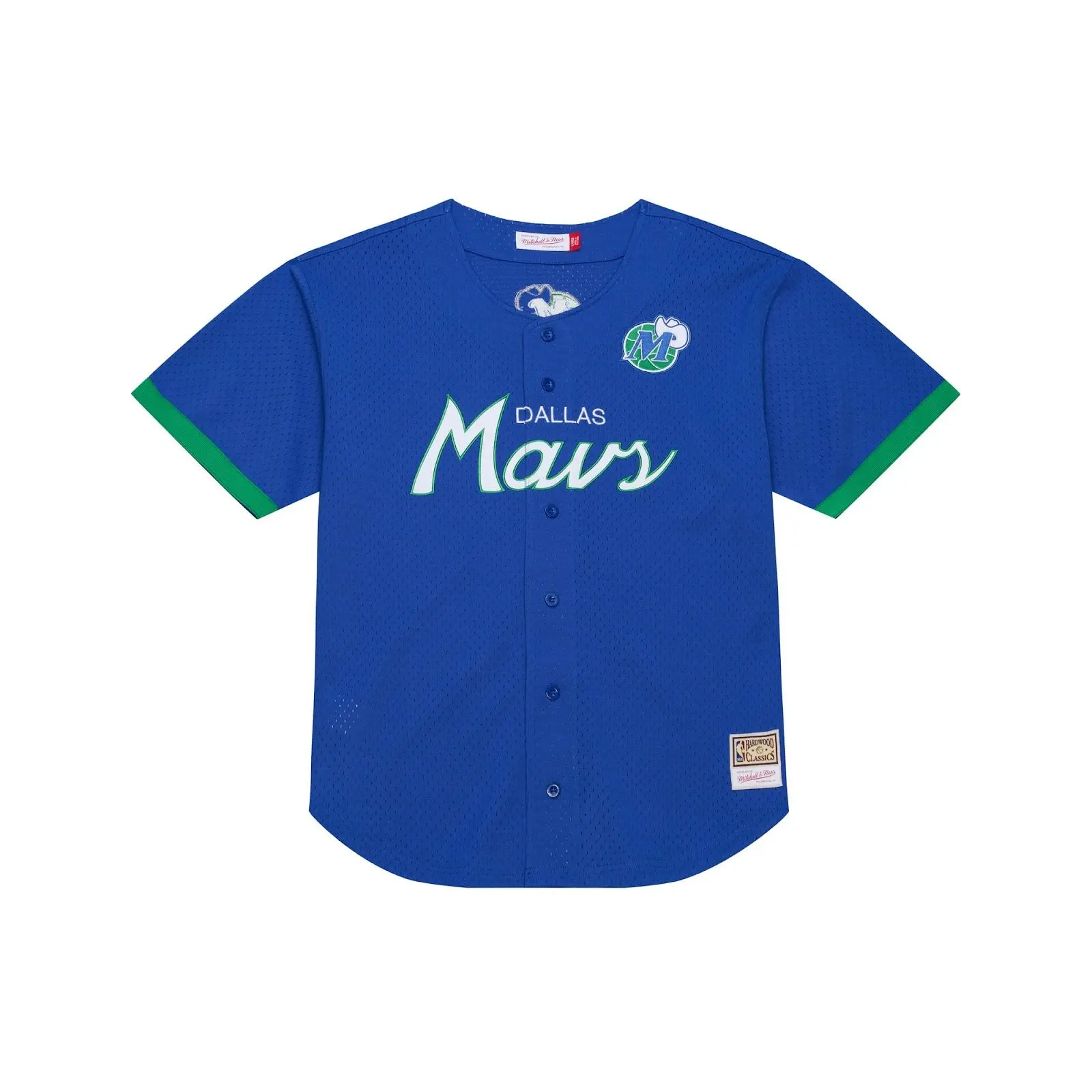 Mitchell & Ness Dallas Mavericks Blue Full-Button Baseball Jersey, Unisex Fit Regular Cut Short Sleeve Tops with Team Graphic