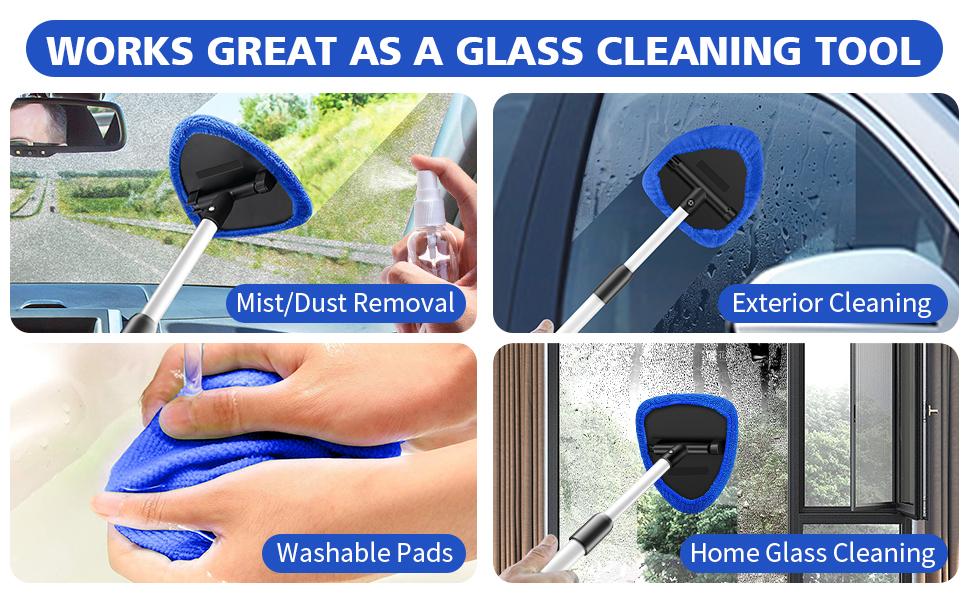 Windshield Cleaner Tool, Car Interior Detailing Cleaning Kit with Extendable Handle and 3 Upgraded High-Density Reusable Microfiber Pads, Auto Glass Wiper Brush Kit for Cars, Blue