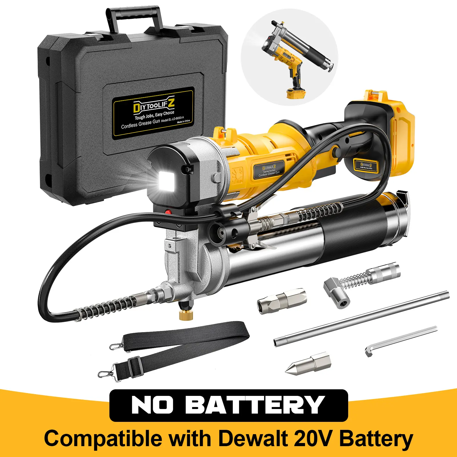 Cordless Grease Gun Compatible with DeWalt/Milwaukee Battery(NO BATTERY!!), 12000PSI Dual Pistol & in-Line Grip, Works with Bulk & Cartridge Grease, with 39" Hose & 4Couplers backtoschool