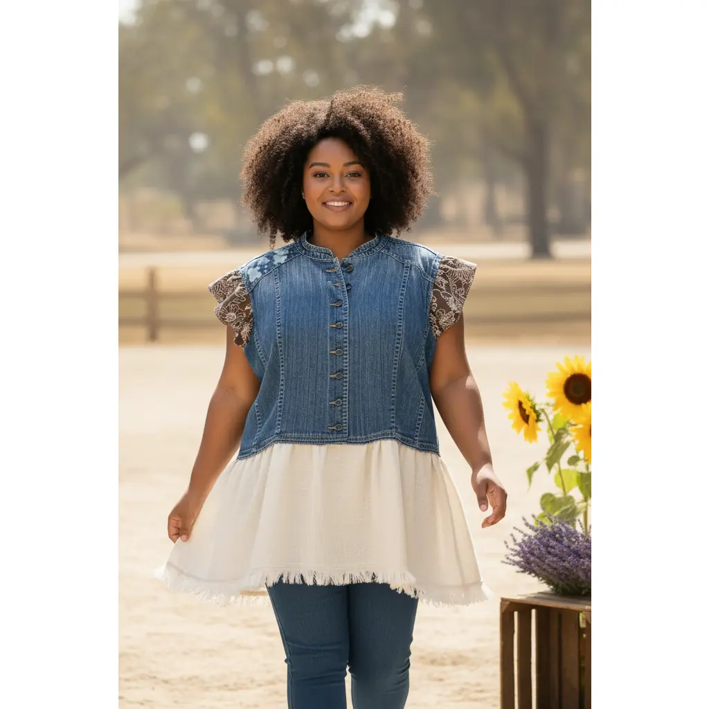 Upcycled Denim Jacket Tunic Top | Handmade Cottagecore Boho | Size Large