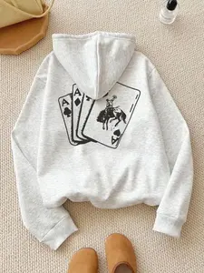 Fleece Hoodie with Print, Graphic Print Hoodie, Casual Loose-Fit Long Sleeve Pullover for Fall & Winter, Trendy Poker Design Sweatshirt I