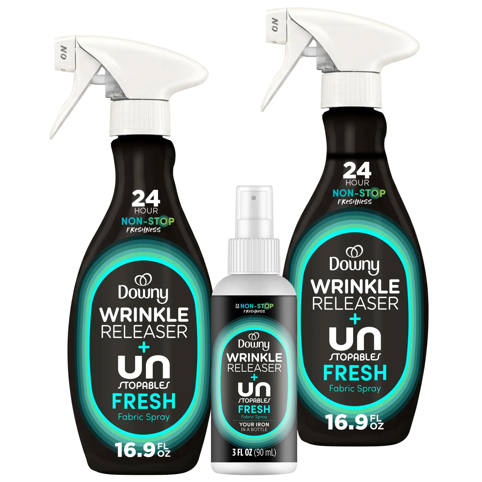 Downy Wrinkle Releaser Spray, Travel Size Spray + 16.9 Fl Oz Pack of 2, All In One Formula, Removes Wrinkles, Static and Odors, Light Fresh Scent