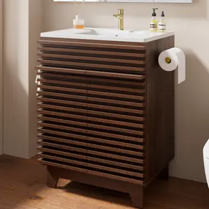 VNN 24 Inch Bathroom Vanity with Ceramic Sink - Freestanding Storage Cabinet with Fluted Design, Soft-Close Doors and Shelves, Compact Modern Storage for Small Bathrooms/Powder Rooms, Walnut