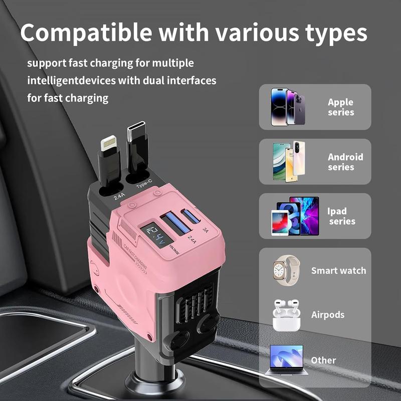 4-in-1  car charger USB C Fast Charging Adapter Ultra-fast charging 31.5 Inch Range Retractable Charger Lightning Cable 2 retractable cables