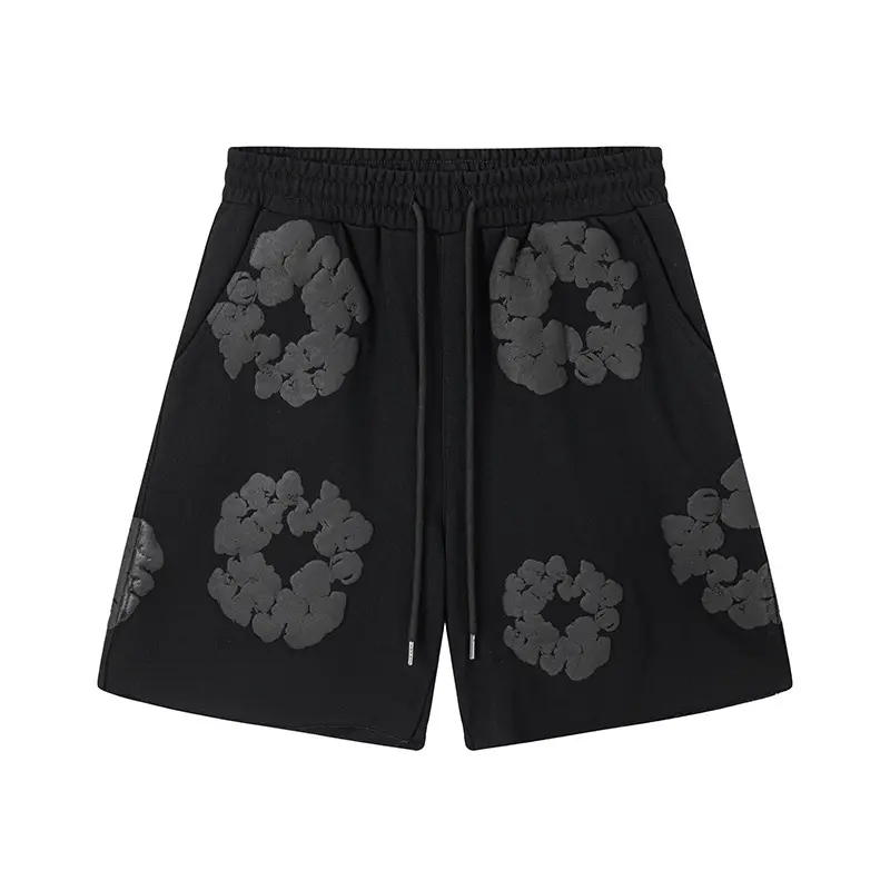 Men Dark Foam Floral Wreath Print Mid-Length Sweat Shorts, Streetwear Gym Shorts
