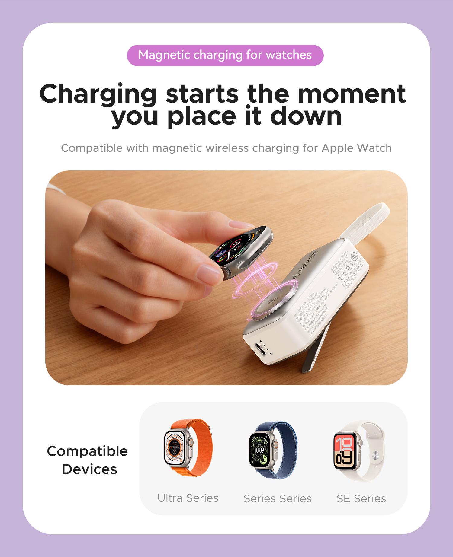 Orico 3-in-1 Portable Power Bank with Integrated Cable, Watch Wireless Charging, and Foldable Wall Plug – Compact Fast-Charge Battery for iPhone & Android - S18