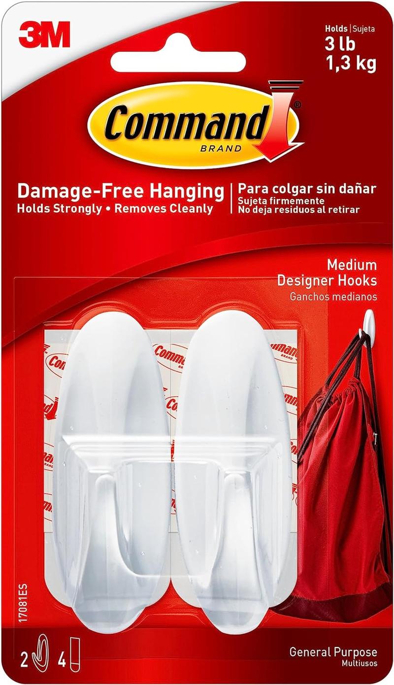 Medium Designer Hooks, Damage Free Hanging Wall Hooks with Adhesive Strips, No Tools Wall Hooks for Decorations in Living Spaces