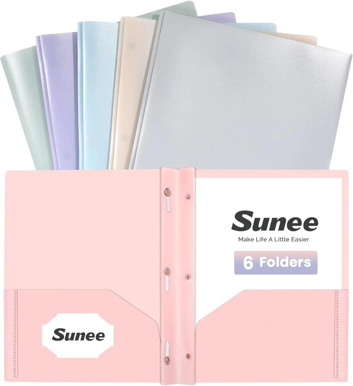 Pastel Colors 3-Prong Folders with Pockets 6 Pack by SUNEE, Plastic 2 Pocket Folders with Fasteners, Letter Size School Folders for Back to School, Students & Teachers