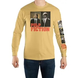 Mad Engine Men's Casual Round Neck Longsleeve Pulp Fiction Yellow Graphic Top - Officially Licensed Movie Merchandise, 60% Cotton 40% Polyester, Menswear T-Shirt