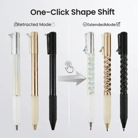 One-Click Deformable Pen, Geometric Shape-Shifting Pen - 6 Pack ( 2 Black, 2 Silver, 2 Gold) | Press to Form Diamond Crinkle Design | Multi-Functional Creative Gift for Writing, Drawing & Stress Relief
