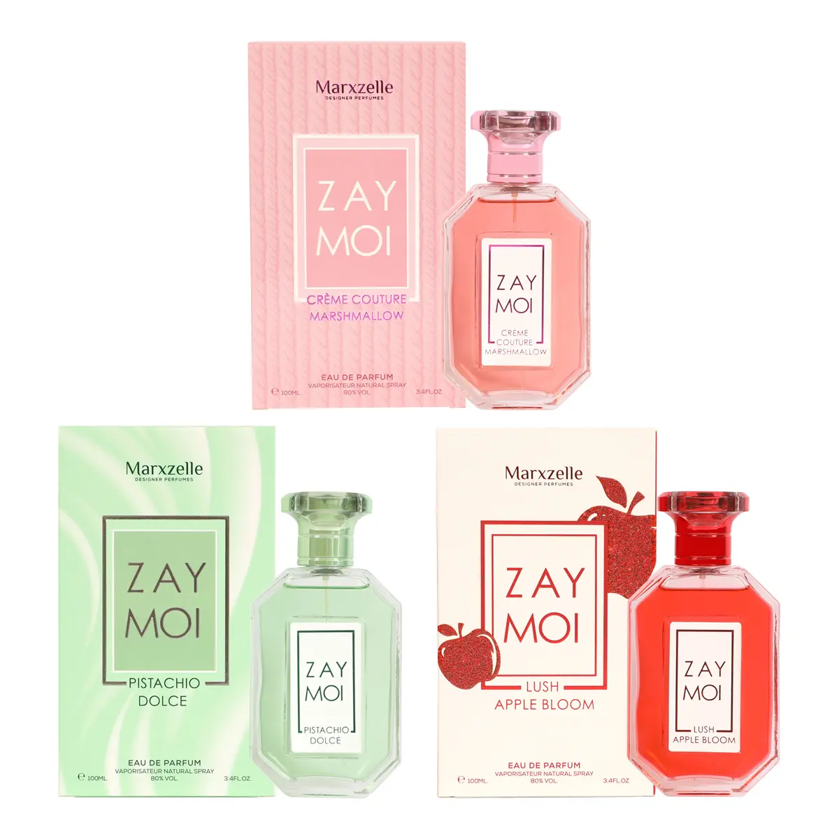 Bundle of Marxzelle Zay Moi Crème Couture Marshmallow, Pistachio Dolce and Lush Apple Bloom Eau de Parfum 100ml Fragrance