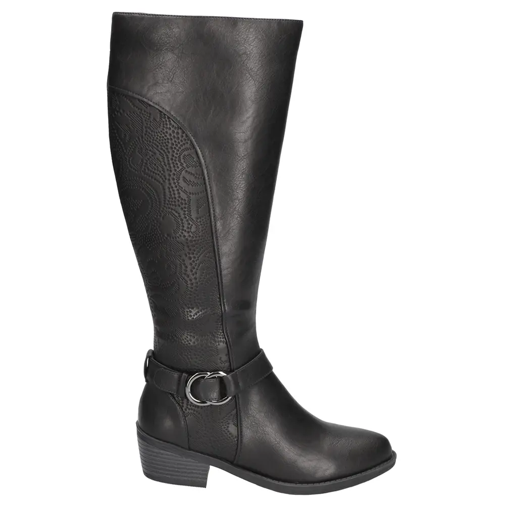 Easy Street Womens Luella Embossed Riding Round Toe Zippered Casual Boots Knee High Low Heel 1-2" - Black