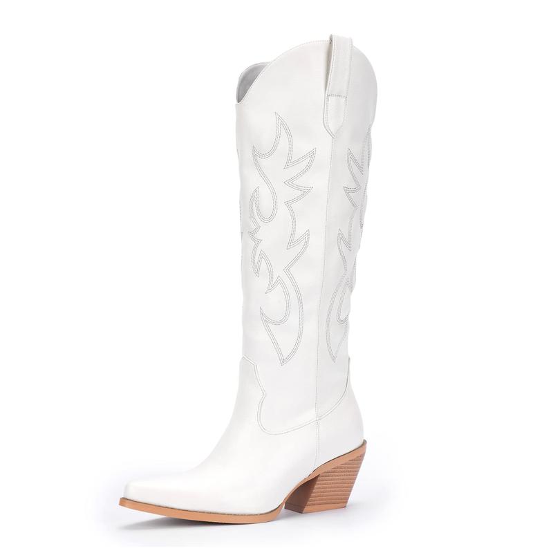 【Valentine's Day Gift】Women's Western Cowboy Boots - Wide Calf Knee-High Cowgirl Boots with Classic Embroidery Slip-On Pointed Toe Chunky Heel Retro Fashion Tall Boots for Fall Fashion White Walking Shoes Footwear