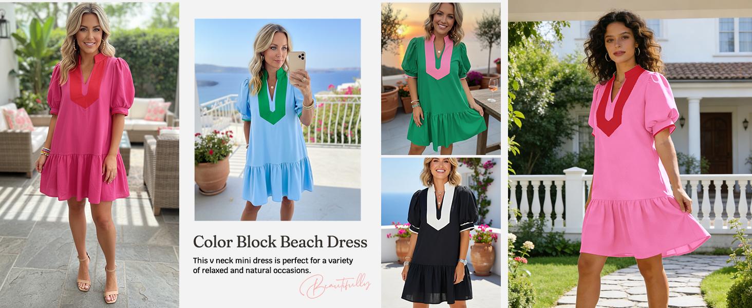 Wenrine Women's Summer Mini Dress Casual Short Puff Sleeve V Neck Color Block Loose Beach A Line Dresses with Pockets