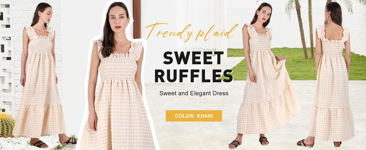 Ebossy Women's Summer Khaki Retro Plaid Smocked Dress Sleeveless Spaghetti Strap Flounce Long Dress Casual Womenswear Bohemian Sundresses Ebossy Women's Summer Khaki Retro Plaid Smocked Dress Sleeveless Spaghetti Strap Flounce Long Dress Casual Womenswear Bohemian Sundresses