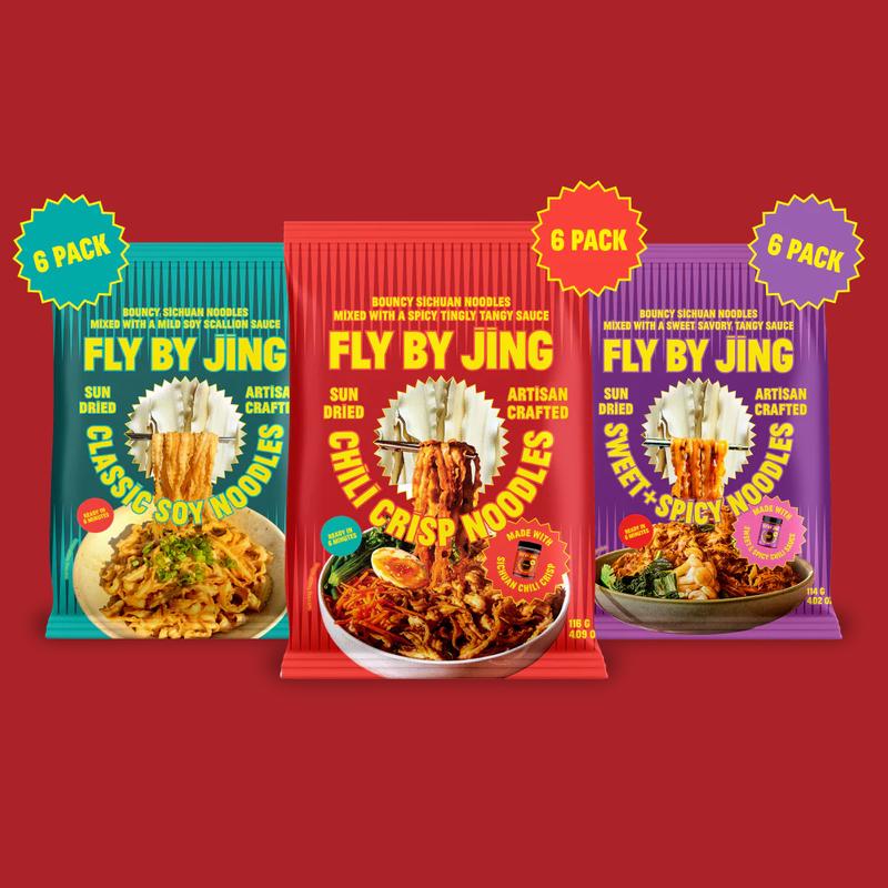 Fly By Jing Instant Noodles Variety Pack 18 Pack – 3 Flavors: Chili Crisp, Sweet + Spicy & Classic Soy – Savory, Mild to Spicy, Vegan & Non-GMO