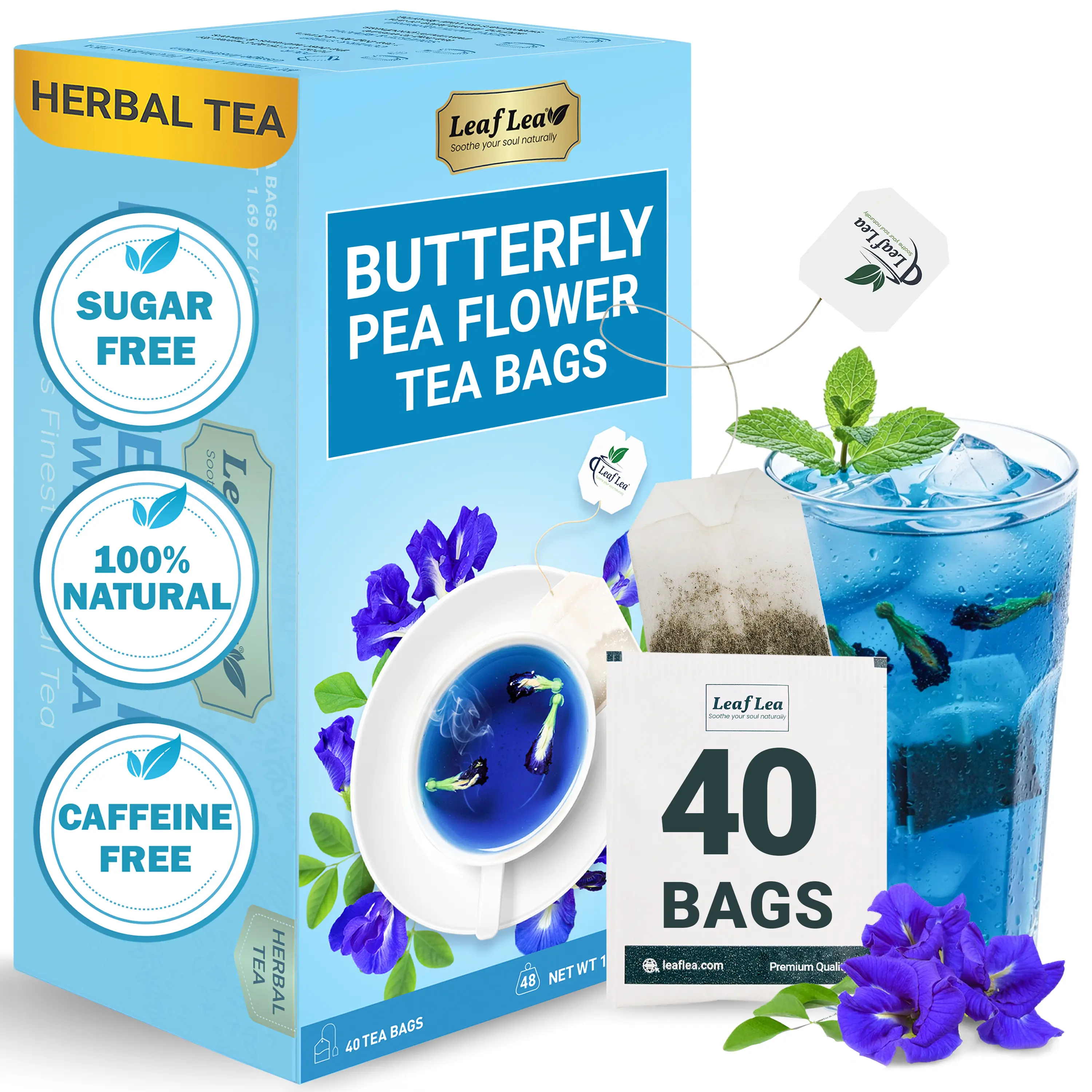 LeafLea Butterfly Pea Flower Tea Bags, Herbal Flower Tea for Relaxation, Mocktails, and Natural Food Coloring, Caffeine-Free, Sugar-Free, Non-GMO