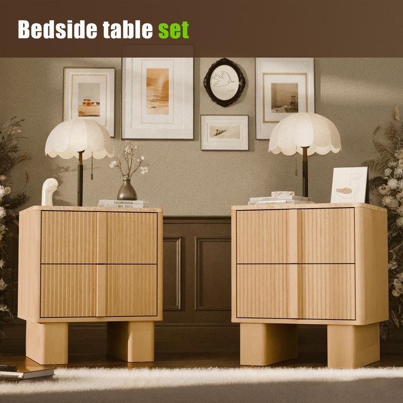 Modern Fluted Nightstand Set of 2 with Charging Station, 22" Tall Whitewashed Oak End Tables with 2 Spacious Drawers & Reinforced Wide Legs, Bedside Storage for Bedroom & Living Room