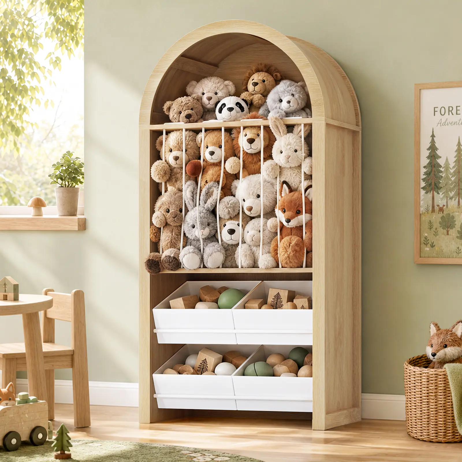 51.8" Tall Arched Toy Storage Cabinets, 3-in-1 Toy Storage Organizer with Drawers, Stuffed Animal Cage, toy chest for Nursery & Playroom, Holder for Plush Toys, Balls,Blocks, Oak campingessentials